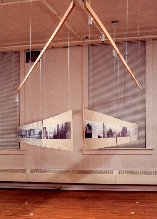 Installation view at the Floating Gallery, highlighting the East Beach Trail, Graham Island, Haida Gwaii, B.C. (from the Trail Markers series). The nine panels in this series are suspended from the gallery ceiling. They are arranged sequentially, following the 90 kilometre hike which, like the installation, is a V-shaped path.